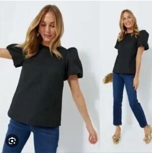 Pomander Place Textured Black Jaquard Layla Puff Sleeve Blouse In Medium